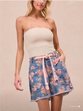 BiBi Blue Denim Floral Shorts with Pink Rope Belt
